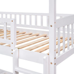 HomeRoots White Twin Over Twin Dollhouse Bunk Bed with Slide - Space-Saving Fun for Kids' Shared Rooms! 590517