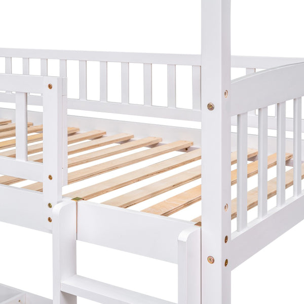 HomeRoots White Twin Over Twin Dollhouse Bunk Bed with Slide - Space-Saving Fun for Kids' Shared Rooms! 590517