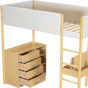 HomeRoots Natural Twin Loft Bed with Integrated Workspace, Drawers & Modern Design for Space-Saving Solutions 590518