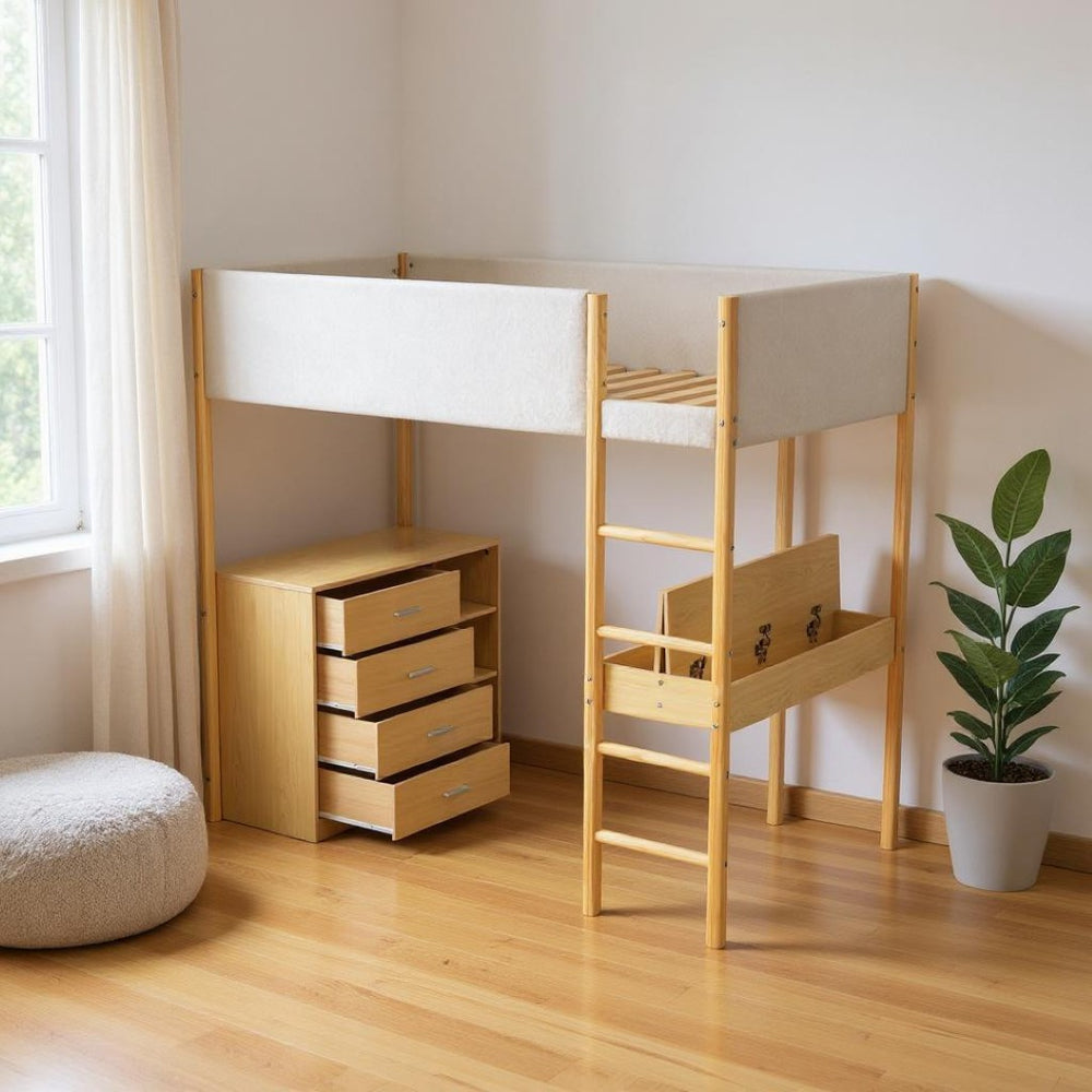 HomeRoots Natural Twin Loft Bed with Integrated Workspace, Drawers & Modern Design for Space-Saving Solutions 590518