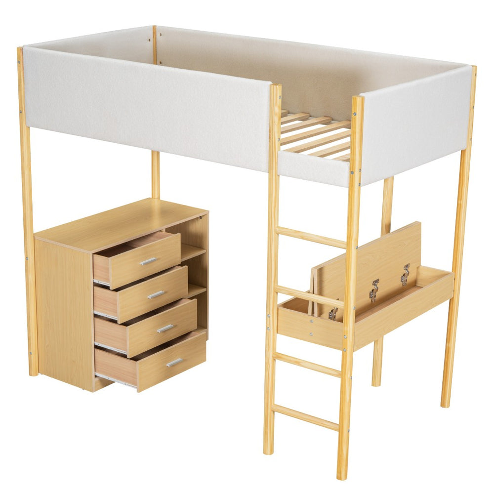 HomeRoots Natural Twin Loft Bed with Integrated Workspace, Drawers & Modern Design for Space-Saving Solutions 590518