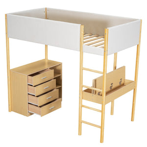 HomeRoots Natural Twin Loft Bed with Integrated Workspace, Drawers & Modern Design for Space-Saving Solutions 590518