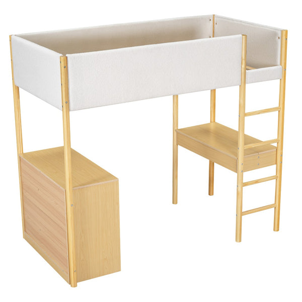 HomeRoots Natural Twin Loft Bed with Integrated Workspace, Drawers & Modern Design for Space-Saving Solutions 590518