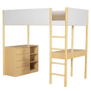 HomeRoots Natural Twin Loft Bed with Integrated Workspace, Drawers & Modern Design for Space-Saving Solutions 590518