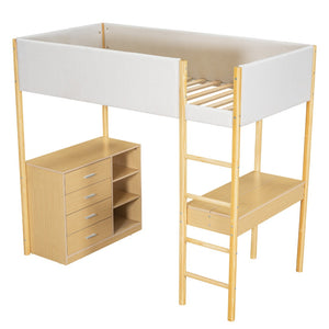 HomeRoots Natural Twin Loft Bed with Integrated Workspace, Drawers & Modern Design for Space-Saving Solutions 590518