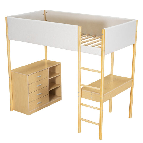 HomeRoots Natural Twin Loft Bed with Integrated Workspace, Drawers & Modern Design for Space-Saving Solutions 590518