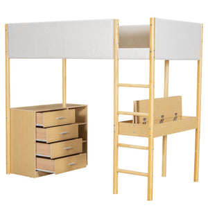 HomeRoots Natural Twin Loft Bed with Integrated Workspace, Drawers & Modern Design for Space-Saving Solutions 590518