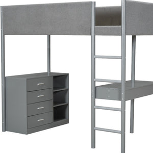 HomeRoots Gray Platform Twin Loft Bed with Integrated Desk, Ample Storage Drawers, and Modern Shelves 590519
