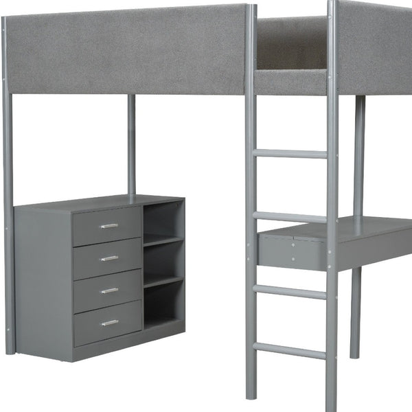 HomeRoots Gray Platform Twin Loft Bed with Integrated Desk, Ample Storage Drawers, and Modern Shelves 590519