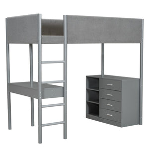 HomeRoots Gray Platform Twin Loft Bed with Integrated Desk, Ample Storage Drawers, and Modern Shelves 590519