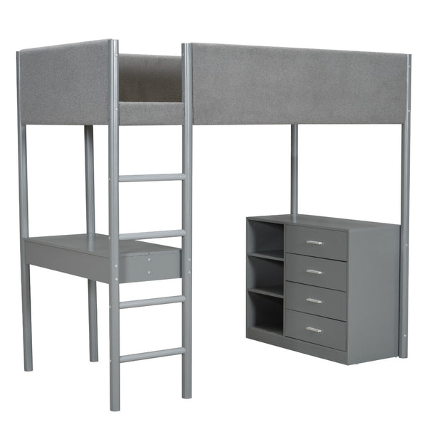 HomeRoots Gray Platform Twin Loft Bed with Integrated Desk, Ample Storage Drawers, and Modern Shelves 590519