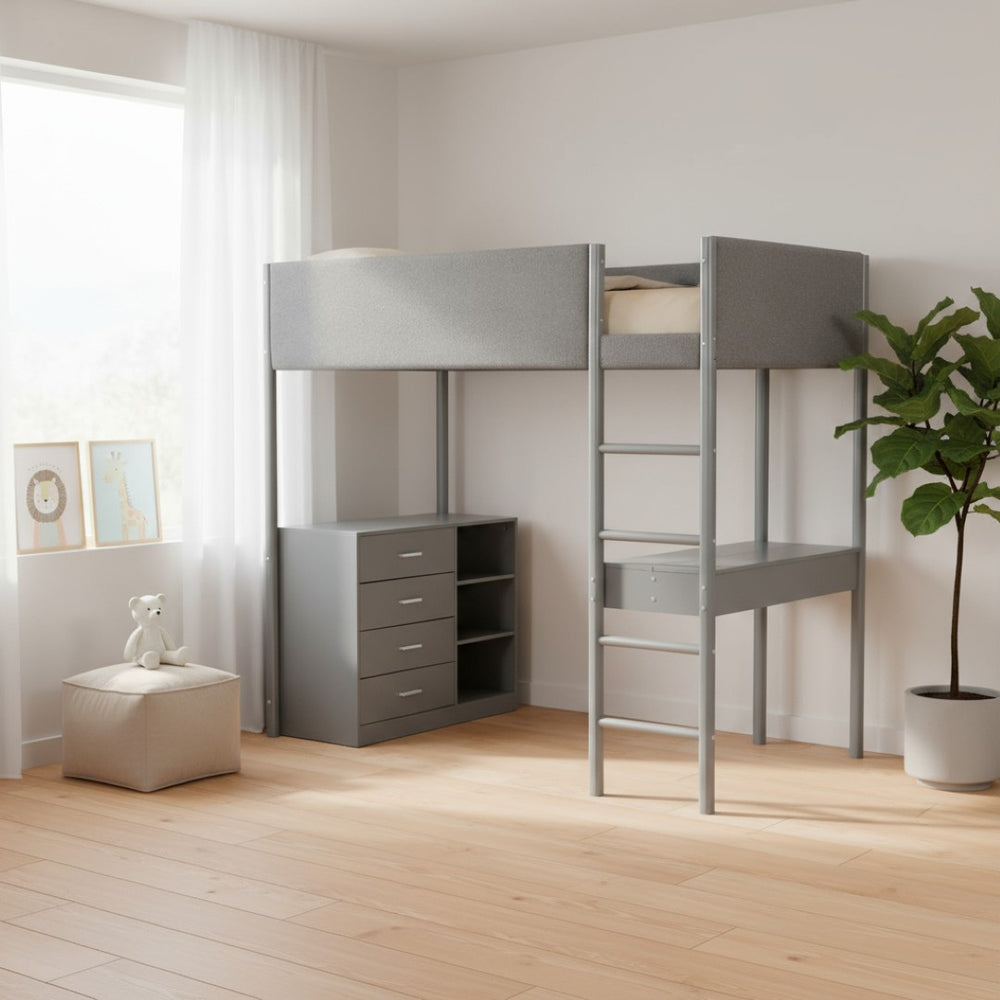 HomeRoots Gray Platform Twin Loft Bed with Integrated Desk, Ample Storage Drawers, and Modern Shelves 590519