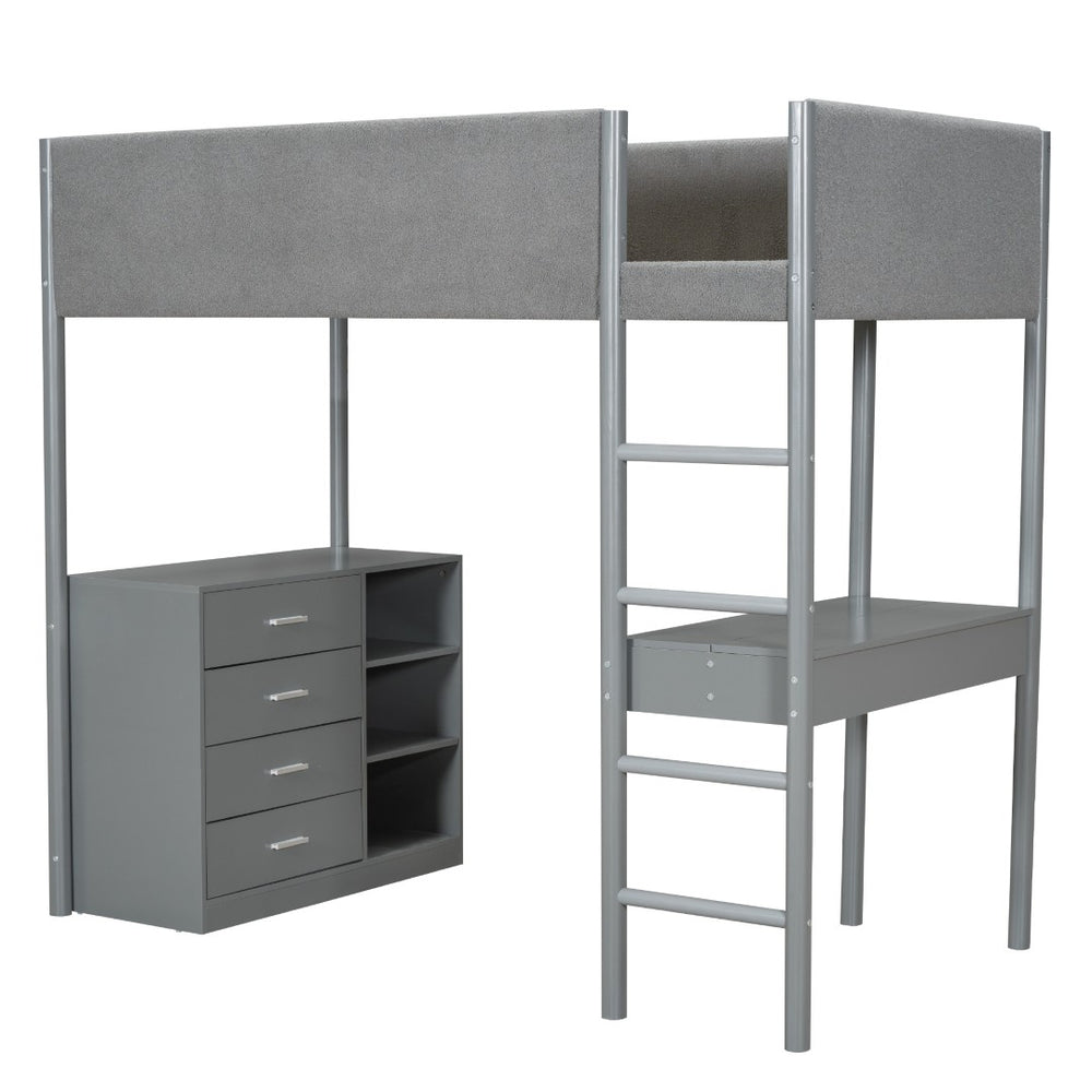 HomeRoots Gray Platform Twin Loft Bed with Integrated Desk, Ample Storage Drawers, and Modern Shelves 590519