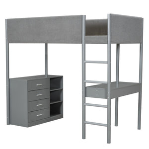 HomeRoots Gray Platform Twin Loft Bed with Integrated Desk, Ample Storage Drawers, and Modern Shelves 590519