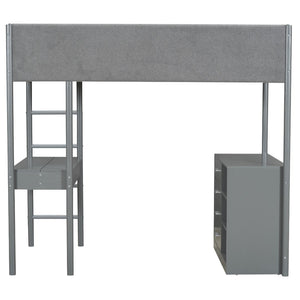 HomeRoots Gray Platform Twin Loft Bed with Integrated Desk, Ample Storage Drawers, and Modern Shelves 590519