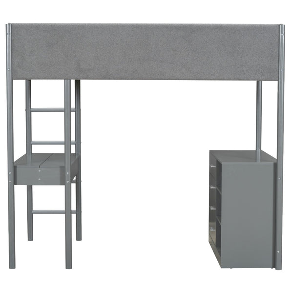HomeRoots Gray Platform Twin Loft Bed with Integrated Desk, Ample Storage Drawers, and Modern Shelves 590519