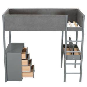 HomeRoots Gray Platform Twin Loft Bed with Integrated Desk, Ample Storage Drawers, and Modern Shelves 590519