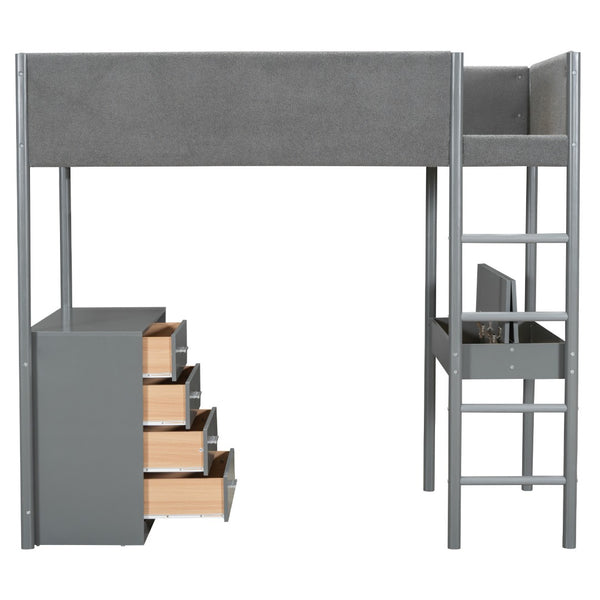 HomeRoots Gray Platform Twin Loft Bed with Integrated Desk, Ample Storage Drawers, and Modern Shelves 590519