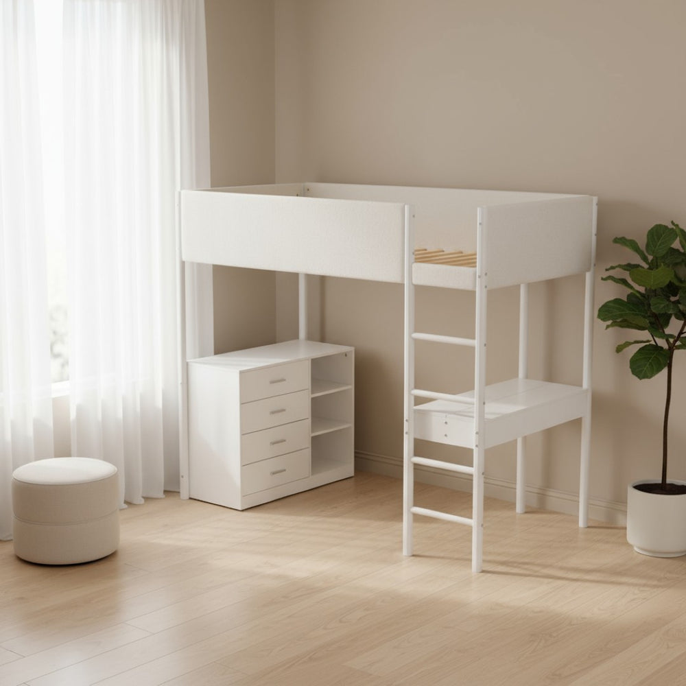 HomeRoots White Twin Loft Bed with Integrated Desk – Space-Saving Design for Kids, Teens & Small Rooms 590520