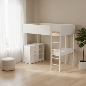 HomeRoots White Twin Loft Bed with Integrated Desk – Space-Saving Design for Kids, Teens & Small Rooms 590520