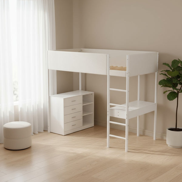 HomeRoots White Twin Loft Bed with Integrated Desk – Space-Saving Design for Kids, Teens & Small Rooms 590520