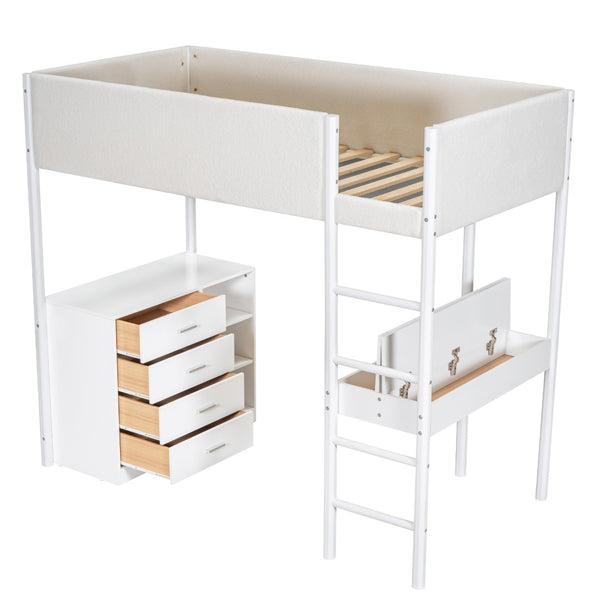 HomeRoots White Twin Loft Bed with Integrated Desk – Space-Saving Design for Kids, Teens & Small Rooms 590520