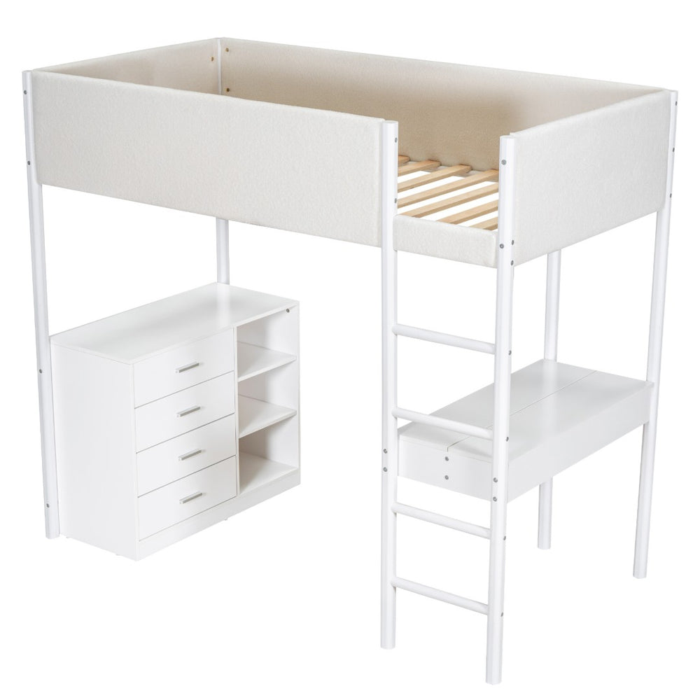 HomeRoots White Twin Loft Bed with Integrated Desk – Space-Saving Design for Kids, Teens & Small Rooms 590520