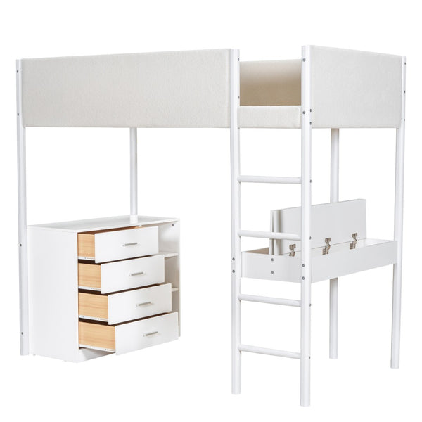 HomeRoots White Twin Loft Bed with Integrated Desk – Space-Saving Design for Kids, Teens & Small Rooms 590520