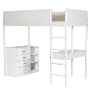 HomeRoots White Twin Loft Bed with Integrated Desk – Space-Saving Design for Kids, Teens & Small Rooms 590520