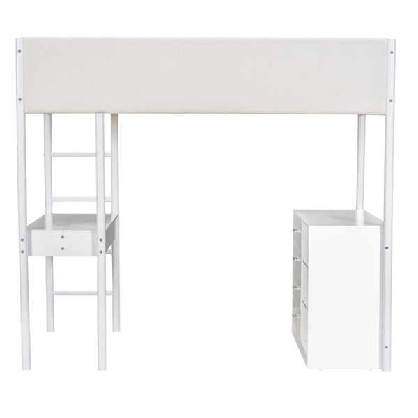 HomeRoots White Twin Loft Bed with Integrated Desk – Space-Saving Design for Kids, Teens & Small Rooms 590520