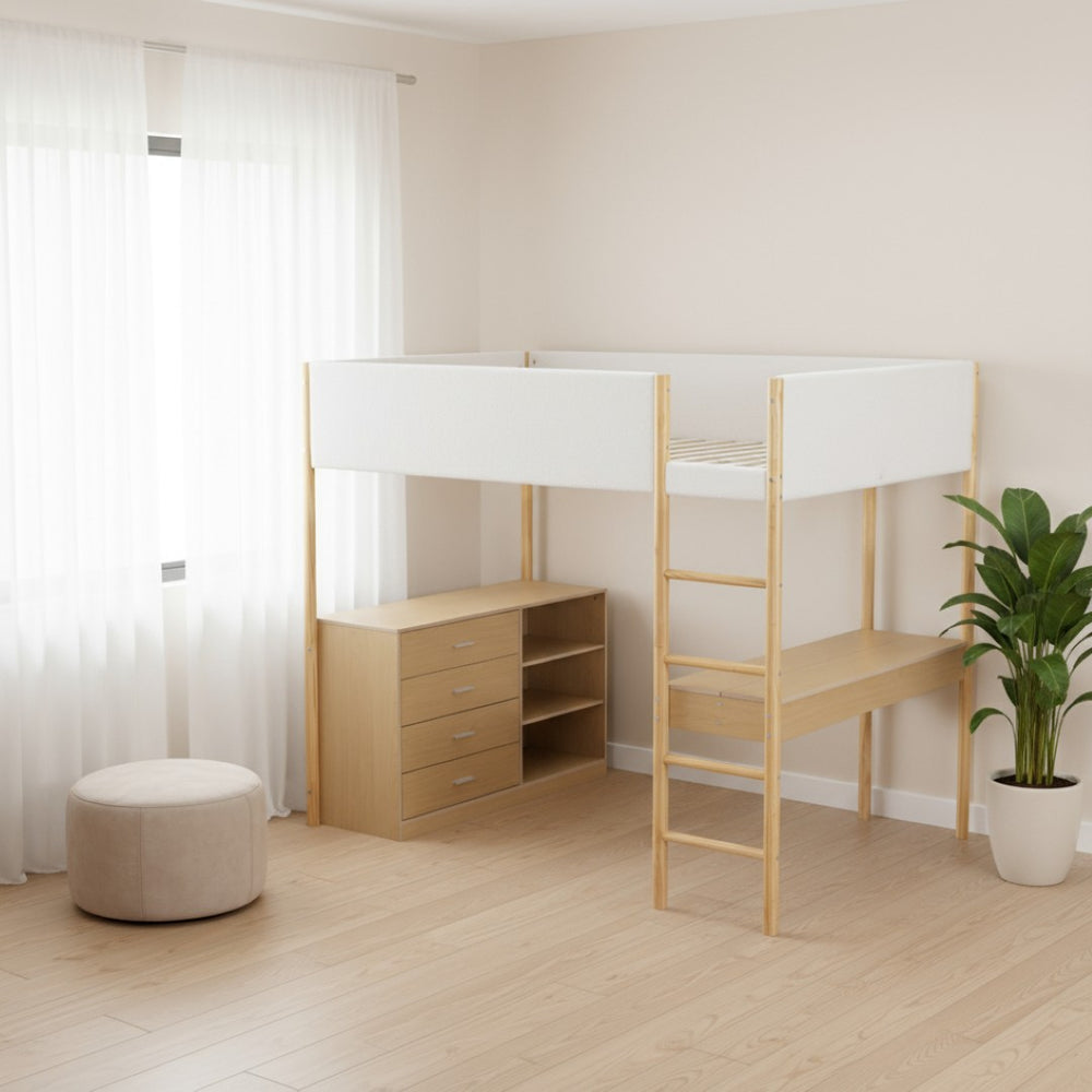 HomeRoots Natural Platform Wood Loft Bed with Integrated Desk - Stylish Space-Saving Solution for Small Rooms 590521
