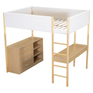 HomeRoots Natural Platform Wood Loft Bed with Integrated Desk - Stylish Space-Saving Solution for Small Rooms 590521