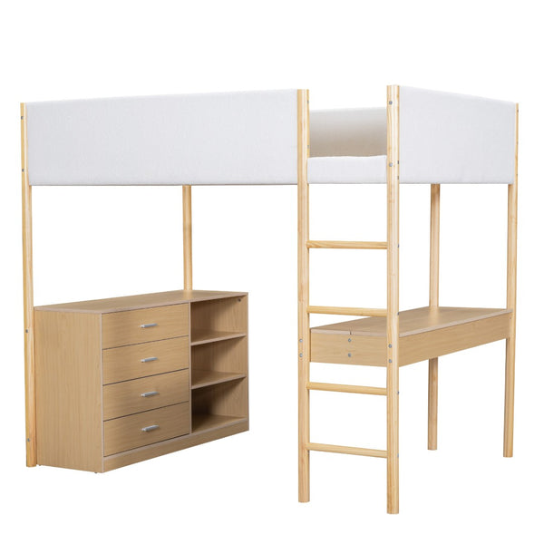 HomeRoots Natural Platform Wood Loft Bed with Integrated Desk - Stylish Space-Saving Solution for Small Rooms 590521