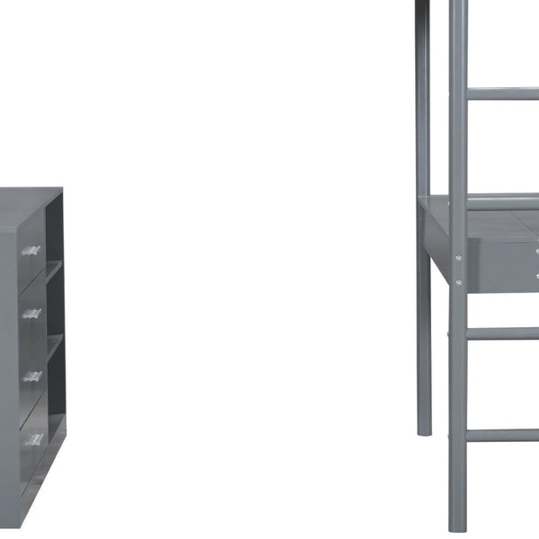 HomeRoots Gray Platform Wood Loft Bed with Integrated Desk – Stylish, Space-Saving Design for Modern Living 590522