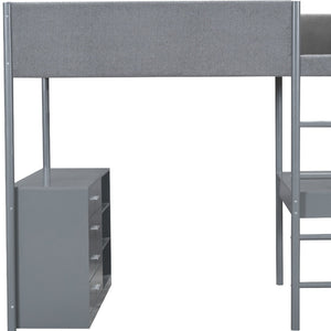 HomeRoots Gray Platform Wood Loft Bed with Integrated Desk – Stylish, Space-Saving Design for Modern Living 590522