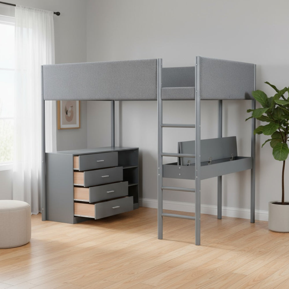 HomeRoots Gray Platform Wood Loft Bed with Integrated Desk – Stylish, Space-Saving Design for Modern Living 590522