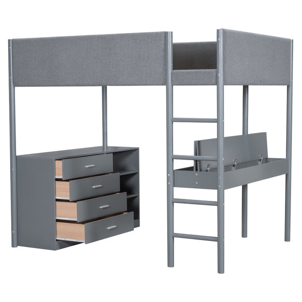 HomeRoots Gray Platform Wood Loft Bed with Integrated Desk – Stylish, Space-Saving Design for Modern Living 590522