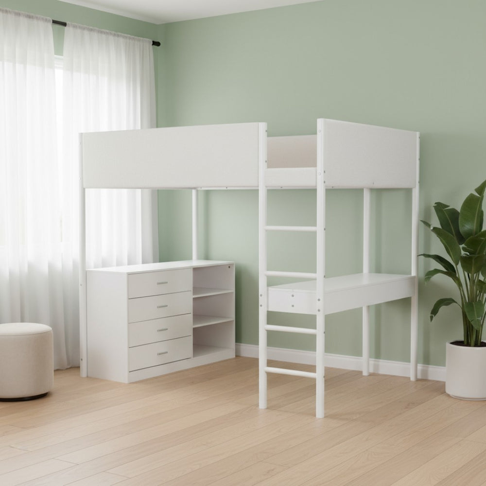HomeRoots White Platform Wood Full Double Loft Bed with Integrated Desk - Space-Saving Stylish Solution for Any Room 590523