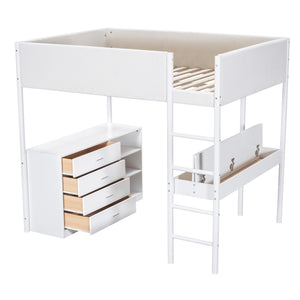 HomeRoots White Platform Wood Full Double Loft Bed with Integrated Desk - Space-Saving Stylish Solution for Any Room 590523