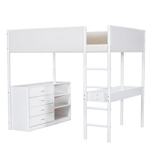 HomeRoots White Platform Wood Full Double Loft Bed with Integrated Desk - Space-Saving Stylish Solution for Any Room 590523