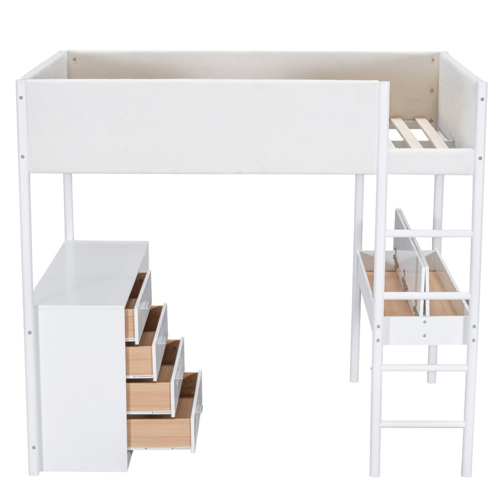 HomeRoots White Platform Wood Full Double Loft Bed with Integrated Desk - Space-Saving Stylish Solution for Any Room 590523