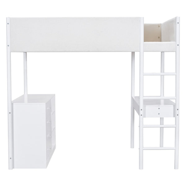 HomeRoots White Platform Wood Full Double Loft Bed with Integrated Desk - Space-Saving Stylish Solution for Any Room 590523