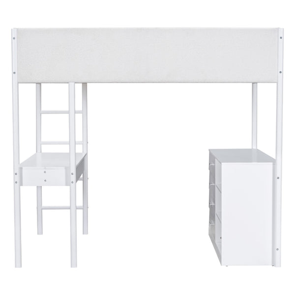 HomeRoots White Platform Wood Full Double Loft Bed with Integrated Desk - Space-Saving Stylish Solution for Any Room 590523