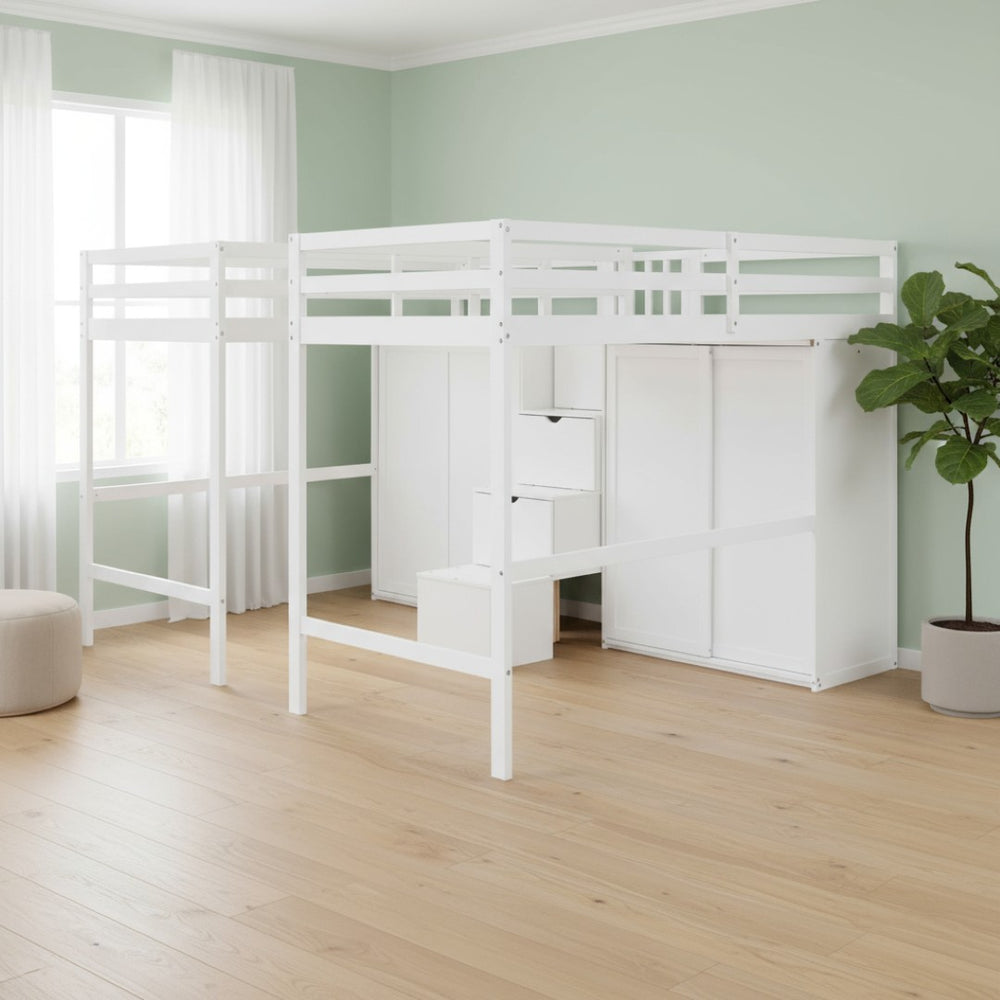 HomeRoots White Platform Full Double Loft Bed - Space-Saving Design, Modern Style, Durable Wood Construction 590525