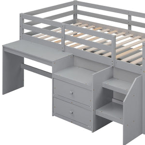 HomeRoots Gray Platform Twin Loft Bed with Integrated Desk & Shelves - Stylish, Space-Saving Design for Kids 590526