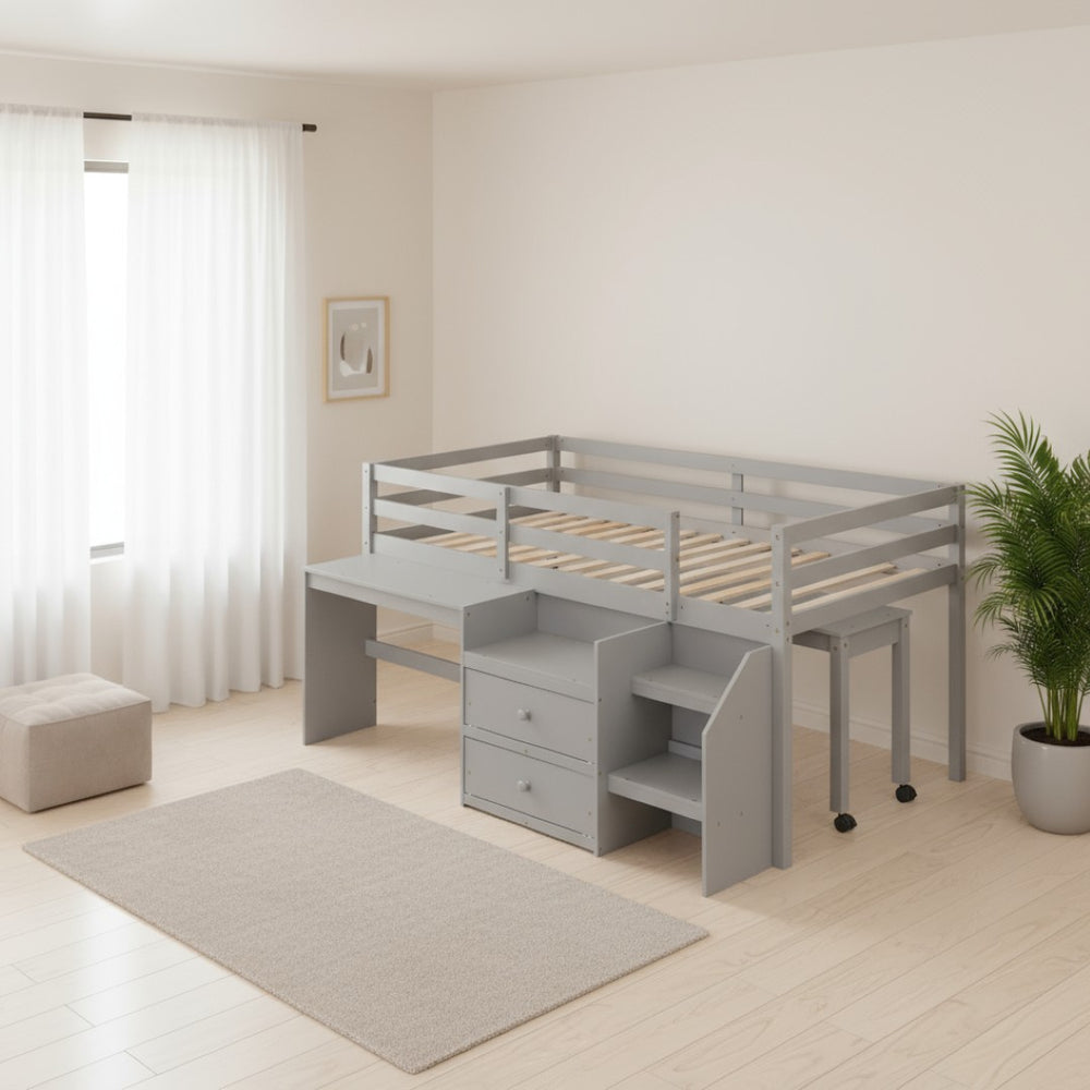 HomeRoots Gray Platform Twin Loft Bed with Integrated Desk & Shelves - Stylish, Space-Saving Design for Kids 590526