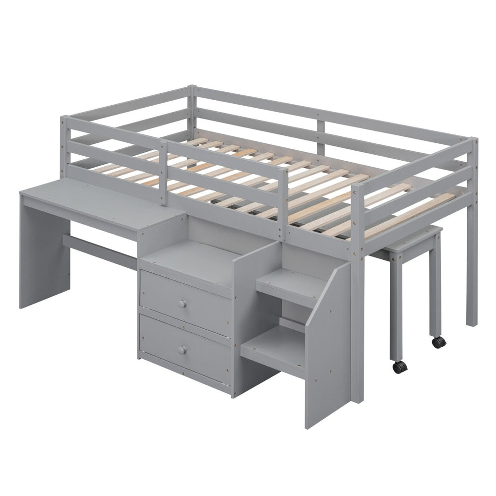 HomeRoots Gray Platform Twin Loft Bed with Integrated Desk & Shelves - Stylish, Space-Saving Design for Kids 590526
