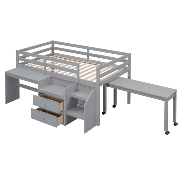 HomeRoots Gray Platform Twin Loft Bed with Integrated Desk & Shelves - Stylish, Space-Saving Design for Kids 590526