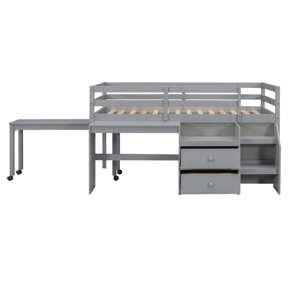 HomeRoots Gray Platform Twin Loft Bed with Integrated Desk & Shelves - Stylish, Space-Saving Design for Kids 590526