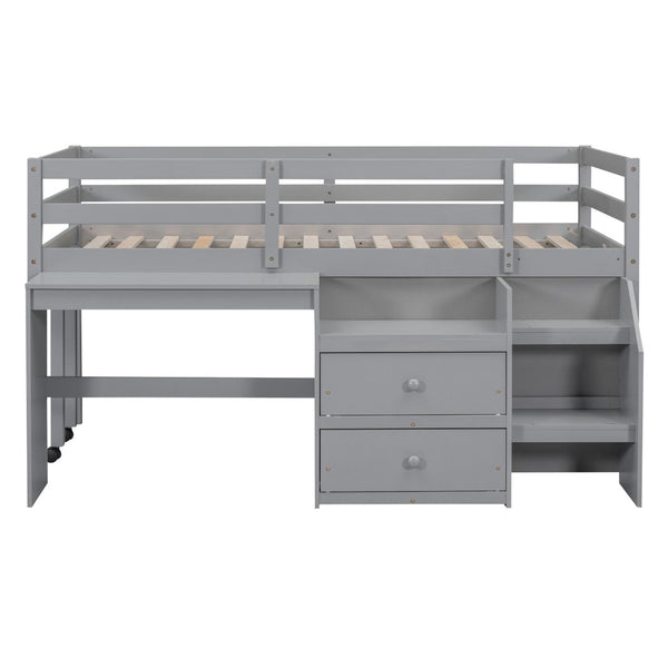 HomeRoots Gray Platform Twin Loft Bed with Integrated Desk & Shelves - Stylish, Space-Saving Design for Kids 590526